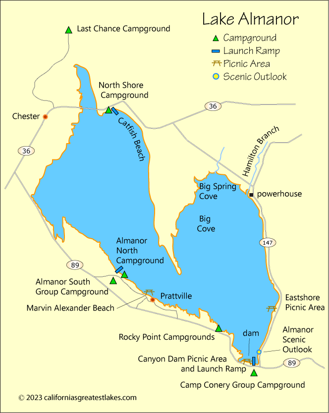 map of Lake Almanor campground locations, CA